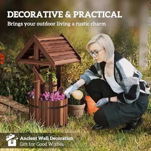 Outsunny Brown Wooden Wishing Well Planter with Adjustable Hanging Bucket – 3