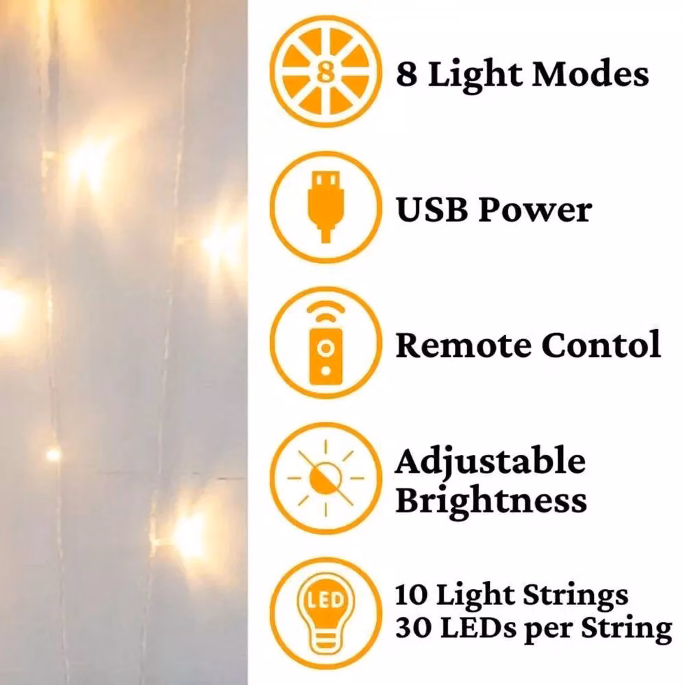 Marco Paul Warm White LED Curtain String Lights with 300 LEDs and Remote Control in Clear – 3