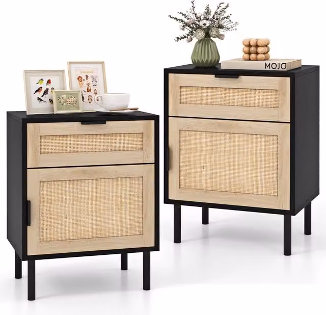 Costway Set of 2 Black Rattan and Wood Mid-Century Nightstands