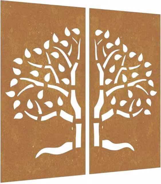 Berkfield Home Set of 2 Brown Corten Steel Floral Tree Wall Decorations, W: 105 cm, H: 55 cm – 1