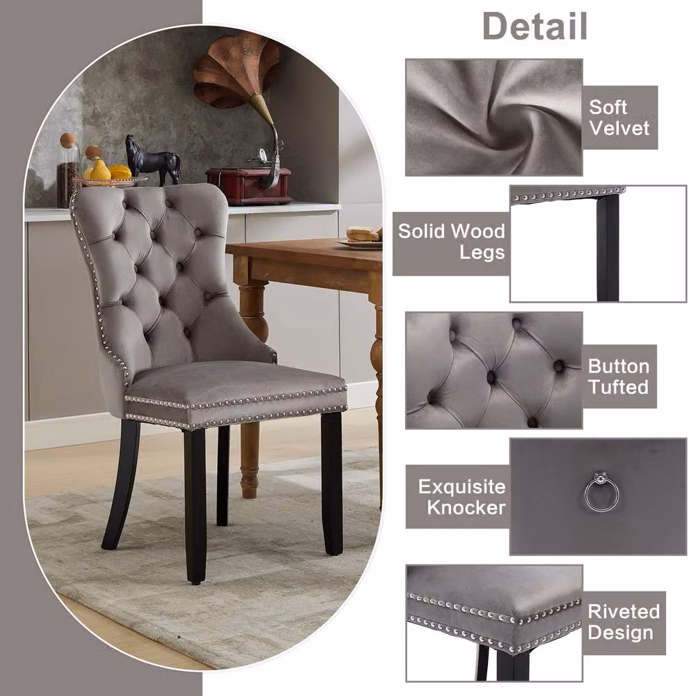 Merax Set of 2 Grey Velvet Button Tufted Dining Chairs with Rubberwood Legs – 2