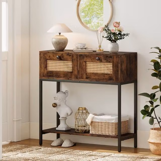 Costway Boho Modern Wooden Console Table with 2 Drawers, Brown – 1