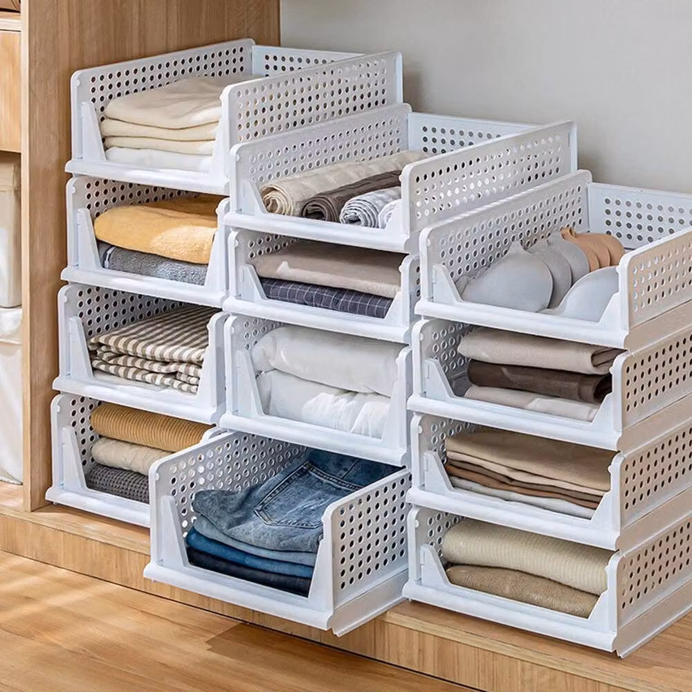 Kelvenix Stackable Wardrobe Organiser Shelf Rack, White, 36L – 3