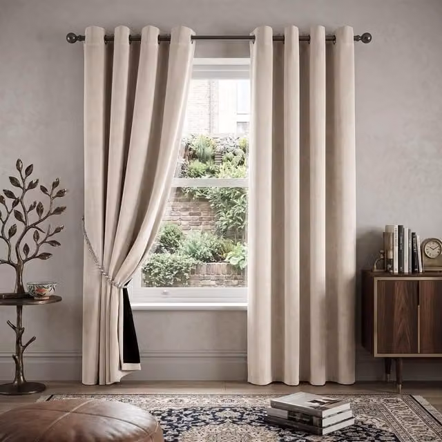 Luxury Living Velvet Thermal Blackout Eyelet Curtains, Pair, Beige, Width: 229 cm, Drop: 183 cm – 1