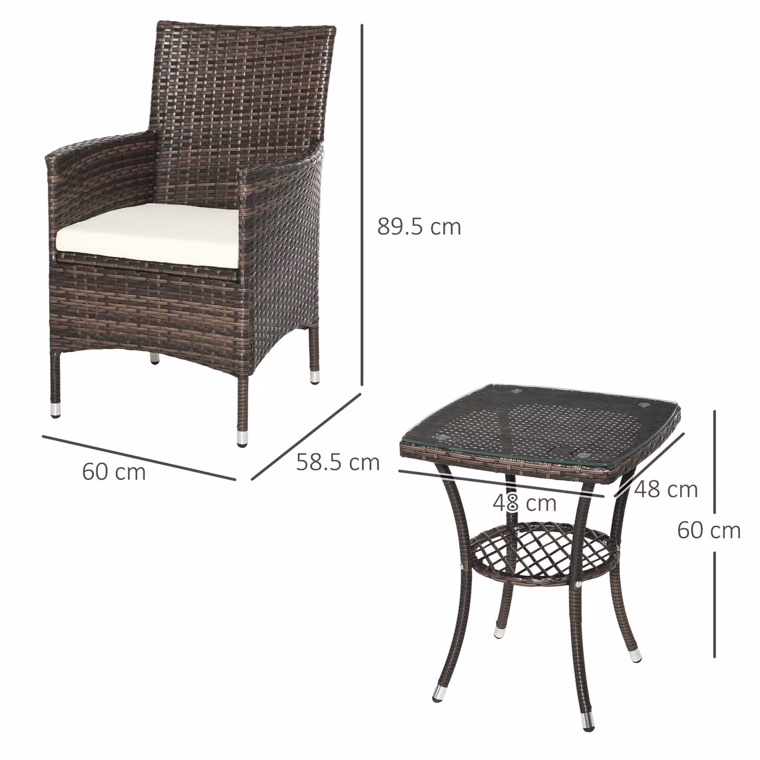 Outsunny 3 Piece Rattan Bistro Set with Glass Top Table and 2 Chairs in Brown – 3
