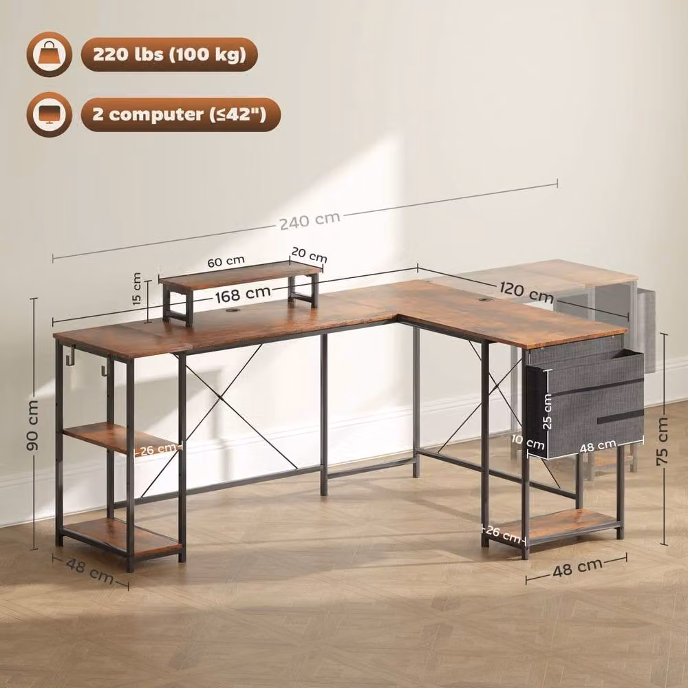Wyld Haus Lesano 168cm Rustic Reversible L Shaped Corner Desk with Monitor Stand and Shelves in Brown – 4