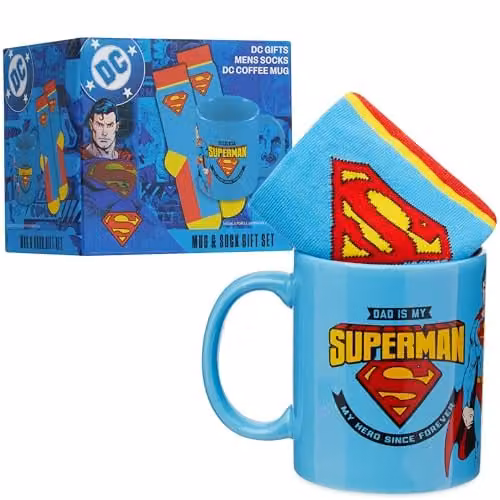 DC Comics Superman Mug and Calf Socks Set in Blue and Red, 315ml