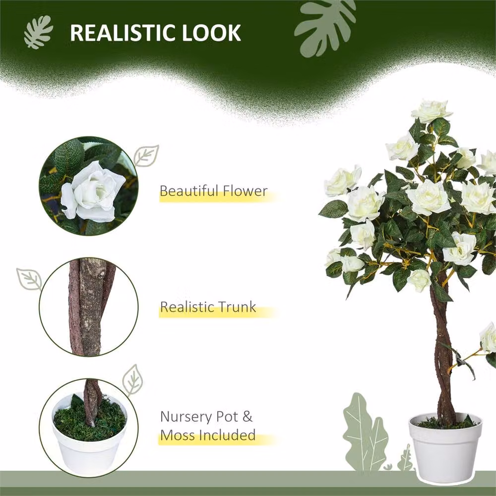 Nordara 2 Pack White Artificial Rose Trees with Pots, Height: 90 cm – 2