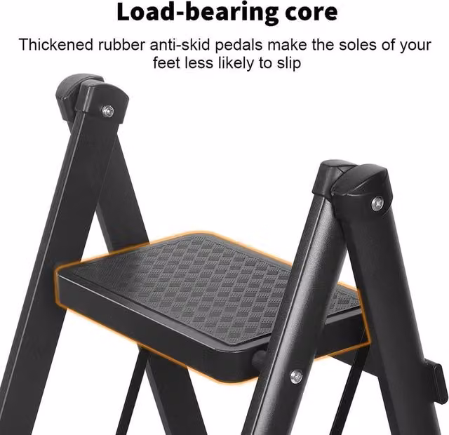 FLAVORA Black 3 Step Steel Folding Ladder with Rubber Feet
