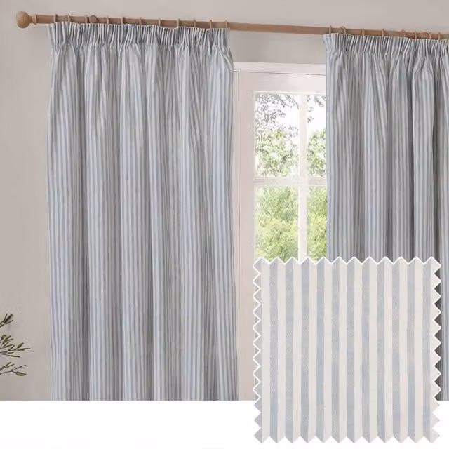 Yard Hebden Striped 100% Cotton Lined Pencil Pleat Curtain Pair in Pale Blue, Width: 229 cm, Drop: 229 cm