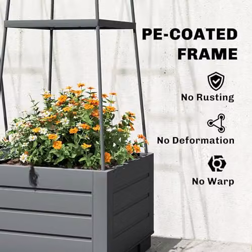 Outsunny 2 Pack Grey Raised Garden Beds with Trellis and Removable Drainage Trays, W/D/H: 28 x 28 x 140 cm – 4