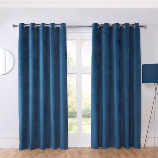 Casa Blue and Green Plain Eyelet Blackout Fabric Curtains