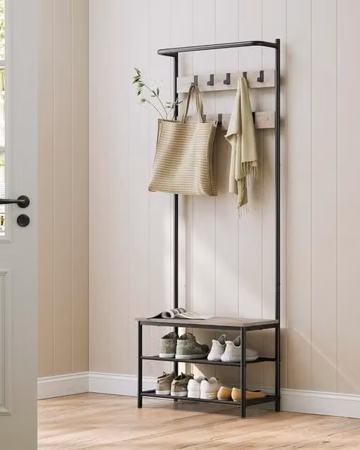 VASAGLE Industrial Hall Tree with Shoe Bench and Dual Hook and Rail Matrix in Light Beige