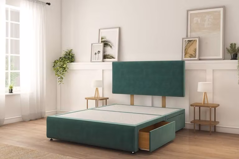 Sloomy Rutherford Plush Divan Bed Set in Emerald Green with 2 Drawers (Left Side), 26 inch Strutted Headboard and 12 inch Matching Footboard, W/D/H: 90 x 200 cm, Single Size