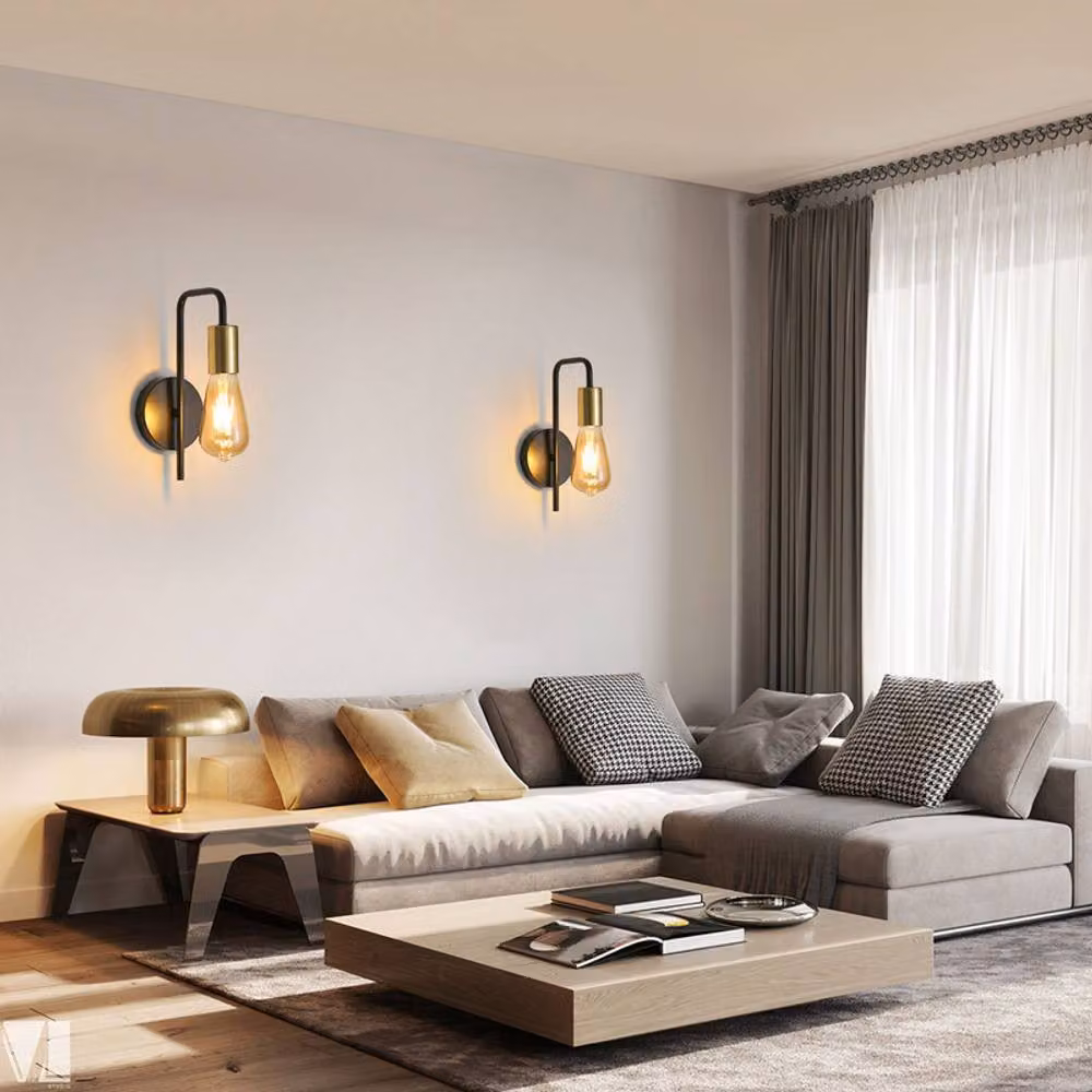 COMELY 2 Pack Vintage Industrial Wall Lights in Black and Gold/Brass with E27 Glass Shades – 5