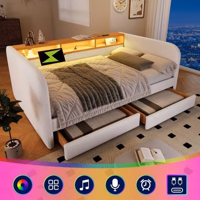 ModernLuxe Upholstered Single Daybed in Beige with LED, USB Charging Port and 2 Drawers, W/D/H: 190 x 90 x 70 cm