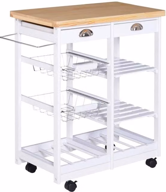 KORVIXA White Rolling Kitchen Island Trolley Serving Cart with Pine Wood and Metal Tiers