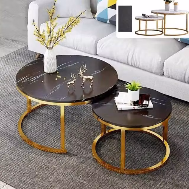 Ventryn Black Round Nesting Coffee Table Set of 2 with Glossy Metal Sled Base