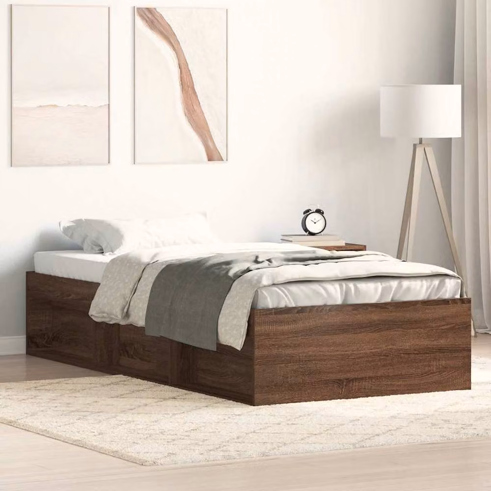 Berkfield Home Single Bed Frame in Brown Oak with Side Compartments, W/D/H: 90 x 190 cm – 2