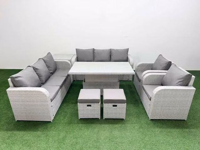 Fimous Grey PE Rattan High Back Lounge Sofa Set with 3 Seater Reclining Chair, Stools, Side Table and Adjustable Lifting Dining or Coffee Table