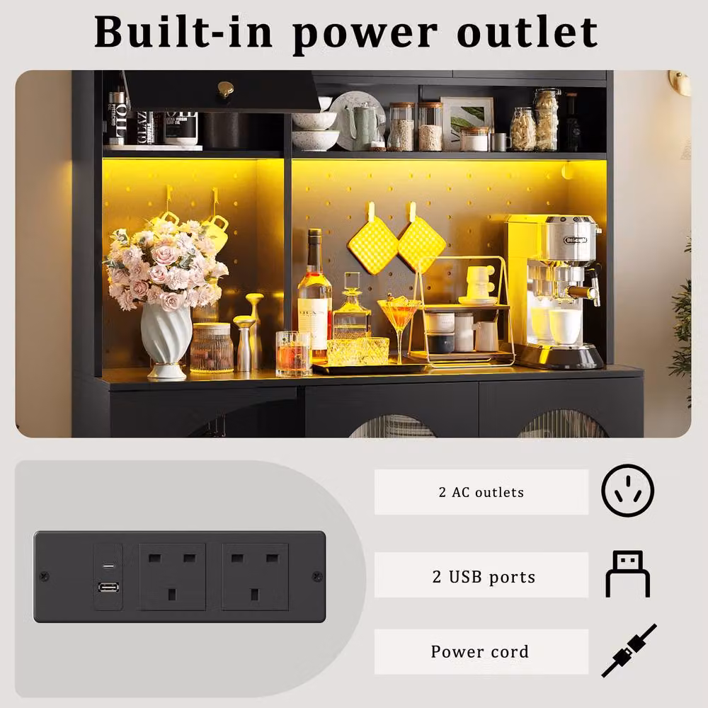 BTM Tall Kitchen Cabinet in Black with Glass Doors, LED Lighting and USB Ports, H 176 x W 61 x D 40 cm – 7