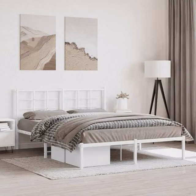 Berkfield Home Metal Bed Frame with Headboard in White, 160 x 200 cm – 1