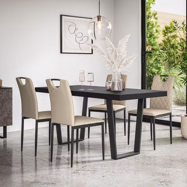 More4Homes Aria Dining Table and Monza Faux Leather Chair Set, Black Table with 4 Beige Chairs, W/D/H: 160 x 80 x 76 cm – 1