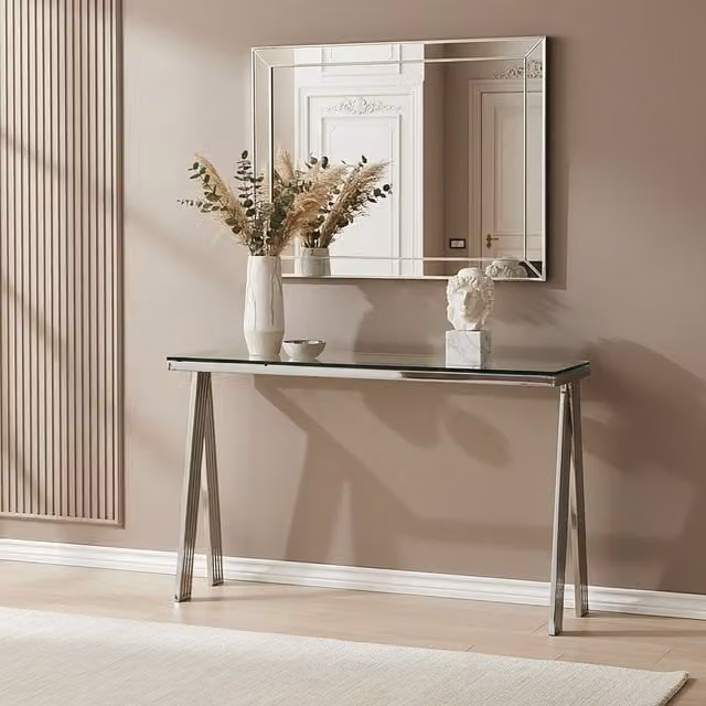 Orsina Modern Rectangular Glass Console Table with Silver Stainless Steel Frame, W/D/H: 122 x 37 x 81 cm
