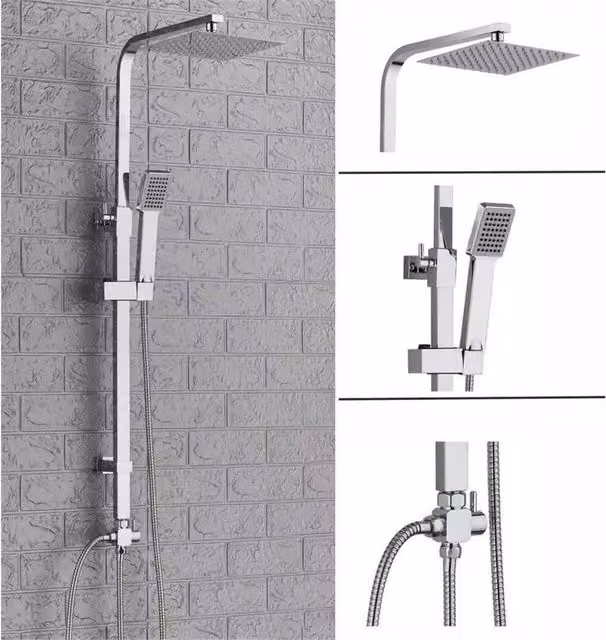 PAWNORA Square Shower Set B-Chrome in Silver with Hand Shower and Wall Bar – 1