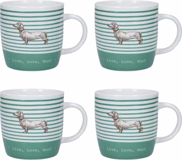 KitchenCraft 4-Piece Striped Ceramic Barrel Mug Set in Green and White
