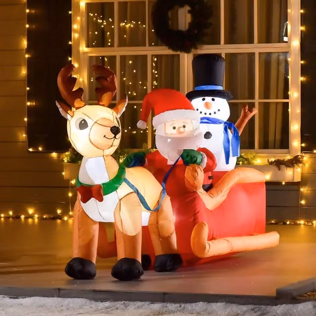 HOMCOM Red Inflatable Santa Claus on Sleigh with Deer and LED Lights, 121.92 cm