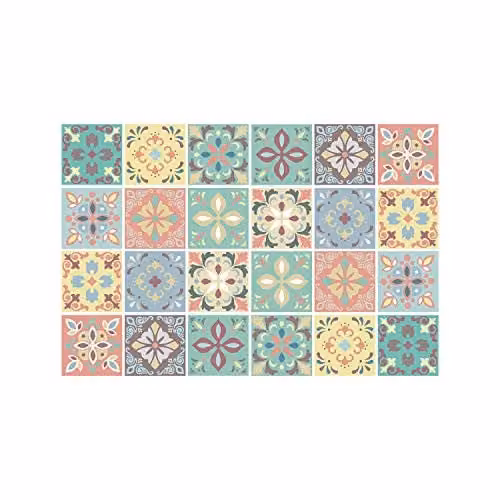 WALPLUS Marbella Multicolour Spanish Tile Stickers, 24 Piece Self Adhesive Geometric Wall Decals, W/D/H: 15 x 15 x 0.54 cm