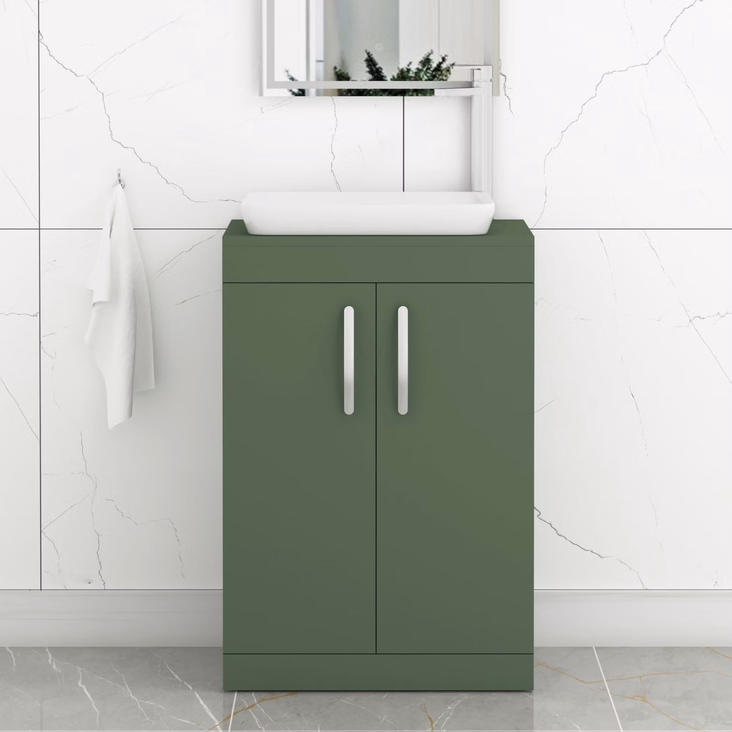 Royal Bathrooms Turin 600mm Floor Standing 2 Door Vanity Unit in Matt Green with Countertop Basin and Brushed Brass Handle