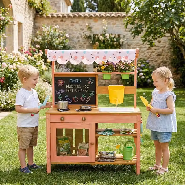 AIYAPLAY Wooden Kids Mud Kitchen with Canopy and Accessories, Pink