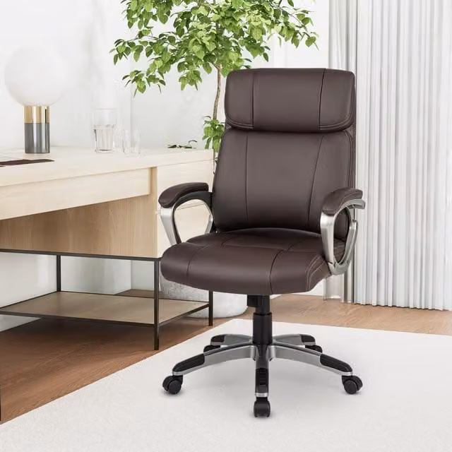 Costway Brown Synthetic Leather Executive Ergonomic Swivel Office Chair with Armrests