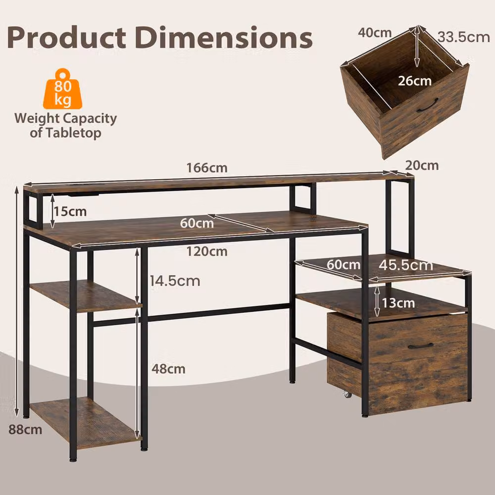 Gymax Brown Industrial Computer Desk with Multi-tiered Serving Tiers and Charging Station – 2