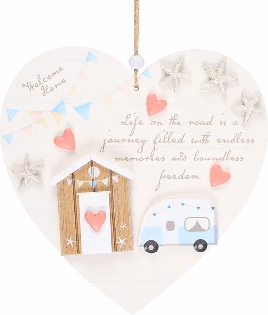 Kingsbury Gifts Life on the Road Shell Caravan Hanging Heart in White Wood