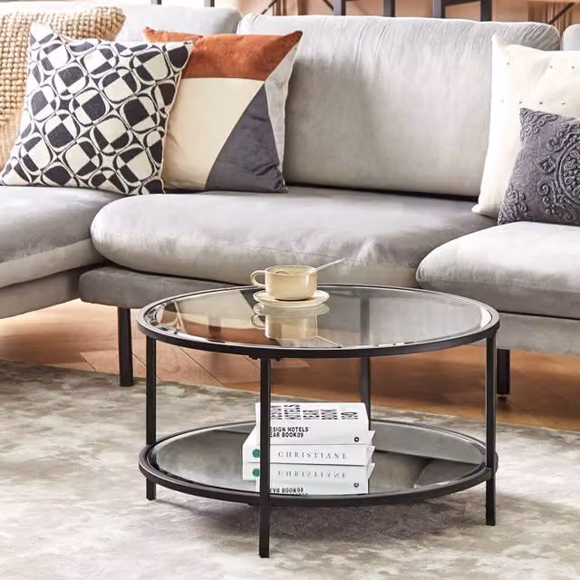 Wyld and Coco Round Tempered Glass Coffee Table with Black Iron Frame and Mirrored Shelf, Diameter: 70 cm, Height: 40 cm
