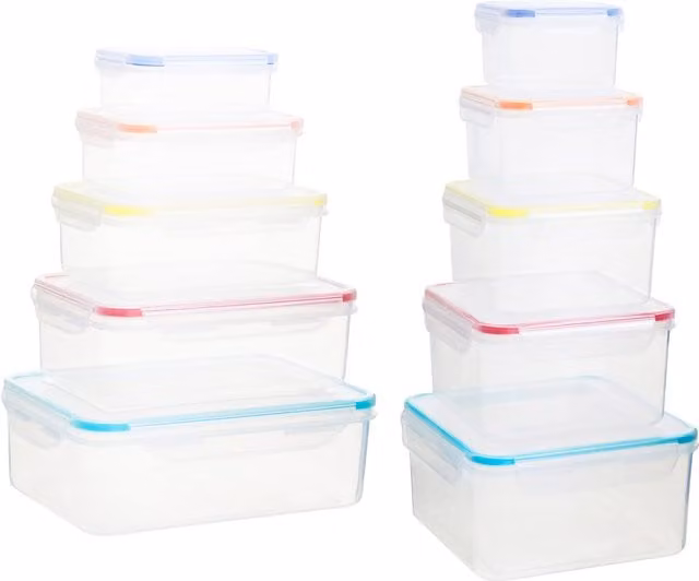 Premier Housewares Set of 10 Airtight and Leakproof Plastic Food Storage Containers, Stackable, Transparent and Multicolour – 1