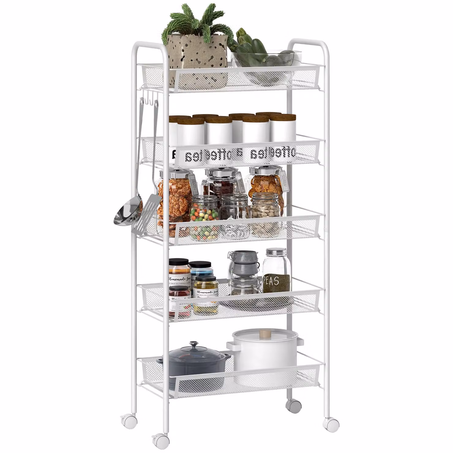 HOMCOM 5 Tier Utility Rolling Cart with Removable Metal Mesh Baskets, White – 2