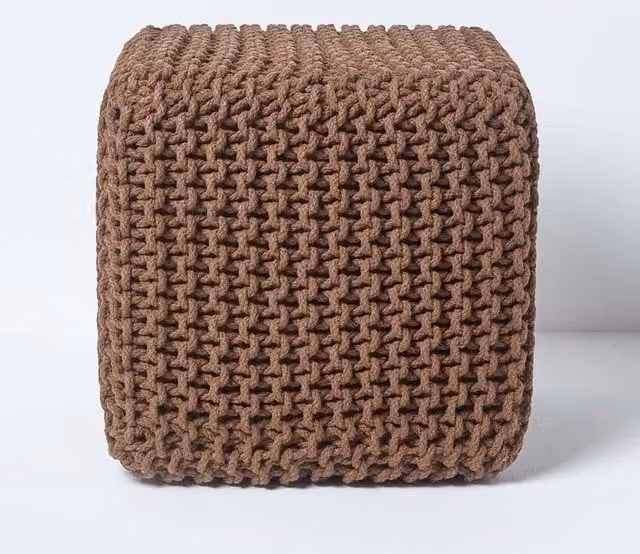 Homescapes Cube Cotton Knitted Pouffe Footstool in Brown