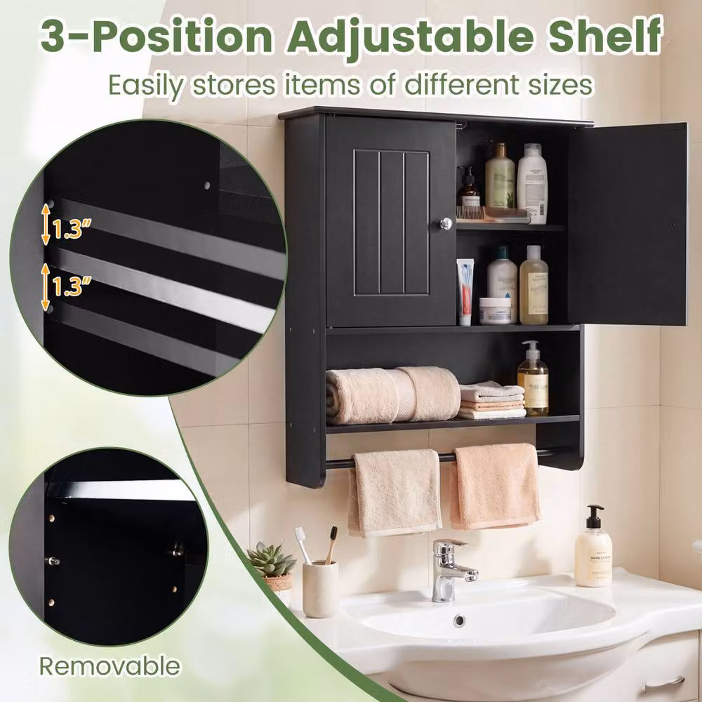 Costway Modern Black Wall Mounted Bathroom Cabinet with 2 Hinged Doors, Open Shelf and Internal Shelving – 9
