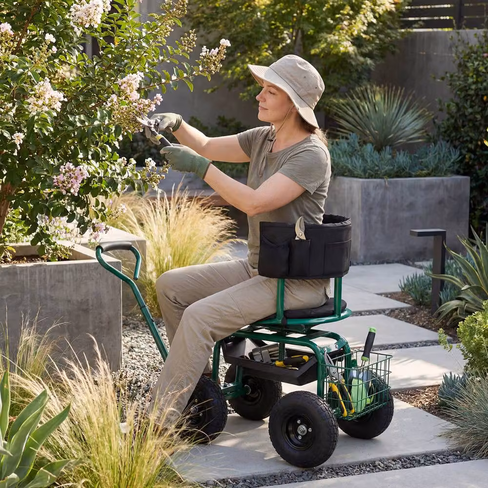 Costway Rolling Garden Work Seat with Wheels and Swivel Seat in Green – 6