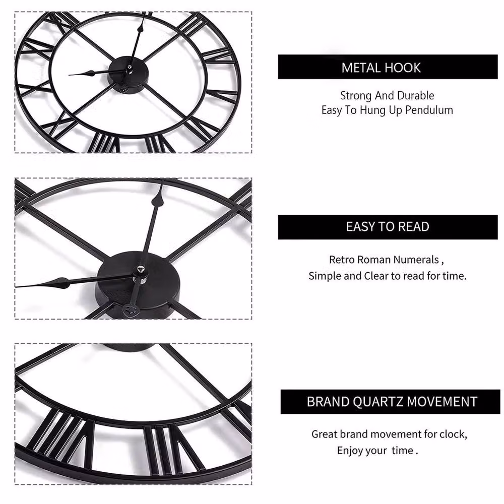 Kelvenix Large Roman Skeleton Metal Wall Clock in Black, Diameter: 60 cm – 5