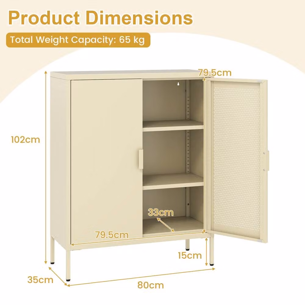 Costway Metal Storage Cabinet Buffet Sideboard with 2 Hinged Doors and Adjustable Internal Shelves in Yellow – 1