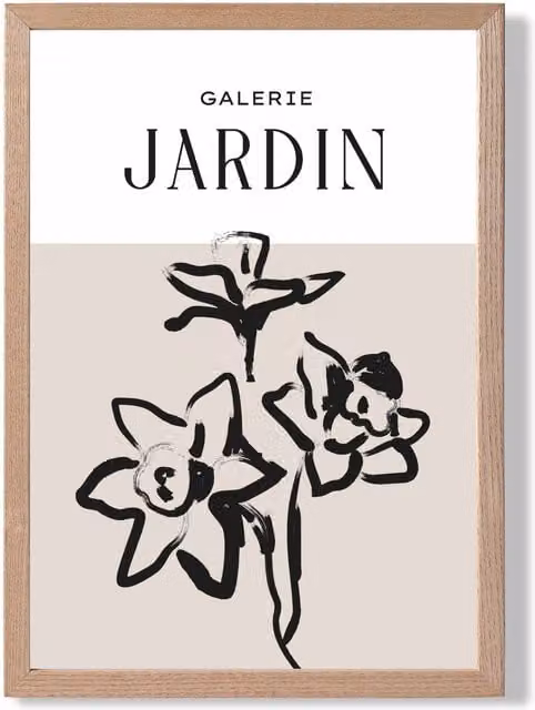 ARTZE Beige and Black Daffodil Boho Sketch Floral Framed Print with Oak Frame, A3