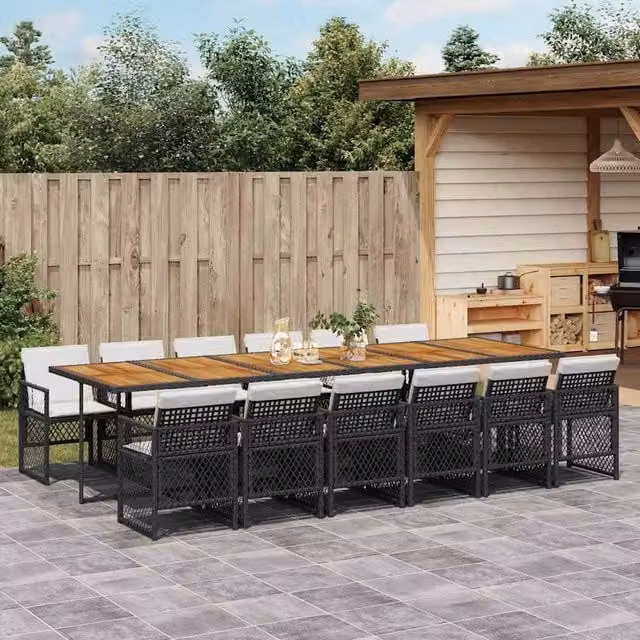 Berkfield Home 13 Piece Black Poly Rattan Garden Dining Set with Acacia Wood Table – 1
