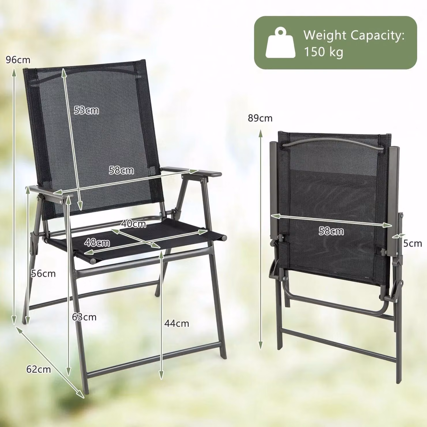 Costway 2 Piece Set of Black Folding Patio Chairs with Armrests and Textilene Fabric – 2