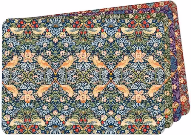 Purely Home Strawberry Thief Floral Faux Leather Placemats, Set of 4, Green and Multicolour