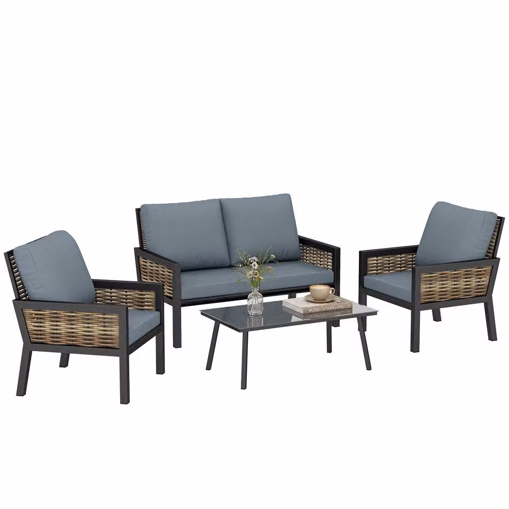 OUTSUNNY Grey Rattan and Metal Garden Furniture Conversation Set – 2